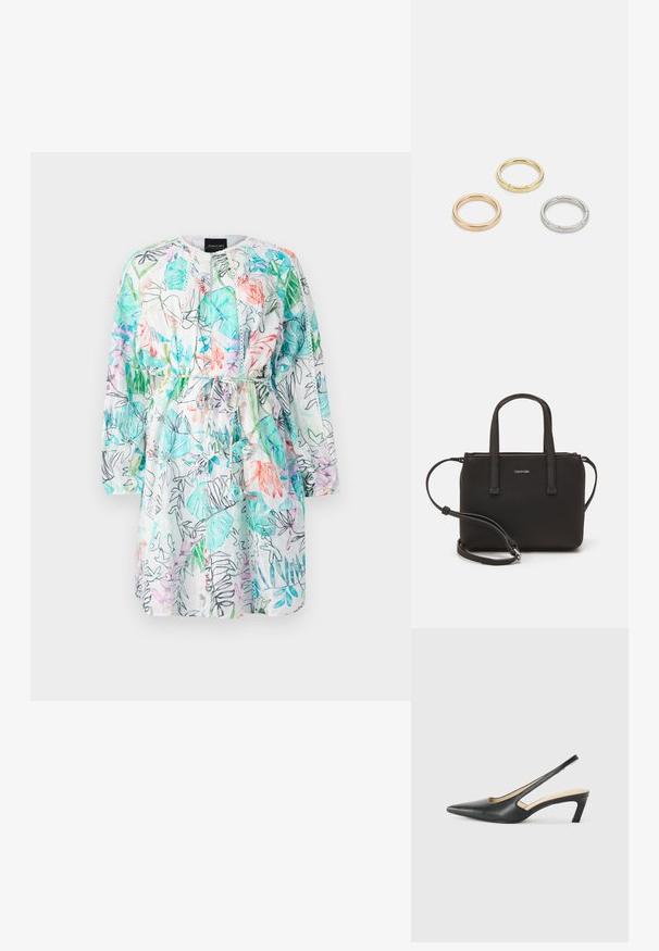 Lillelilleline kleit, millel on roheline, roosa ja sinine mustrivalik valgel taustal. Pika varrukaga, nööriga vöökoht, kerge kangas.; Must mustaga, terav varvas, madala kontsaga sildiga king, mis on valmistatud siledast nahast ja mille küljel on lõike disain hingavuse tagamiseks.; Musthave mustrans vöö ja eemaldatav õlarihm. Gludike nahk siledaga, millel on tõmblukk ja logo detail.; Kolme metallist rõngast: üks roosa kuld, üks kuld tekstuursete aktsentidega ja üks hõbe, kõik sisepoolt graveeritud brändinguga.