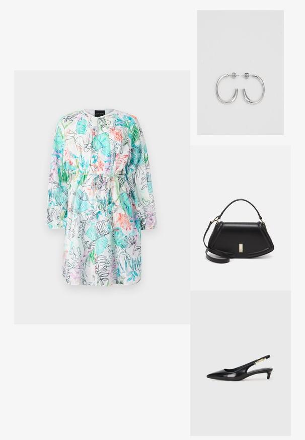 Robe florale avec un mélange de motifs verts, roses et bleus sur un fond blanc. Manches longues, taille à cordon, tissu léger.; Talons hauts en cuir noir avec un bout pointu, dotés d'un talon fin et d'un accent en ton or sur la lanière réglable. Texture lisse.; Sac à main en cuir noir avec un design structuré, featuring une forme cropped, une poignée supérieure et des accents en matériel doré. Bandoulière réglable incluse.; Boucles d'oreilles en argent avec une finition lisse et brillante. Forme arrondie, conception légère, avec un fermoir à tige.