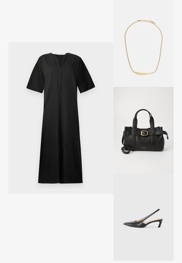 Schwarzes Kleid mit lockerem Sitz, kurzen Ärmeln, V-Ausschnitt und Frontreißverschluss. Hergestellt aus glattem Stoff mit knielangem Design.; Schwarzer spitz zulaufender Slingback-Schuh mit niedrigem Absatz, der aus glattem Leder gefertigt ist und seitliche Ausschnitte für Atmungsaktivität aufweist.; Schwarze Lederhandtasche mit strukturiertem Design, doppelten oberen Griffen, goldfarbenem Schnallenakzent und geprägtem Markenlogo auf der Vorderseite.; Goldbeschichtete Halskette mit einem glatten, geschwungenen zentralen Akzent. Verfügt über eine flexible Kette mit einem Karabinerhaken und zusätzlichen verstellbaren Kettengliedern.