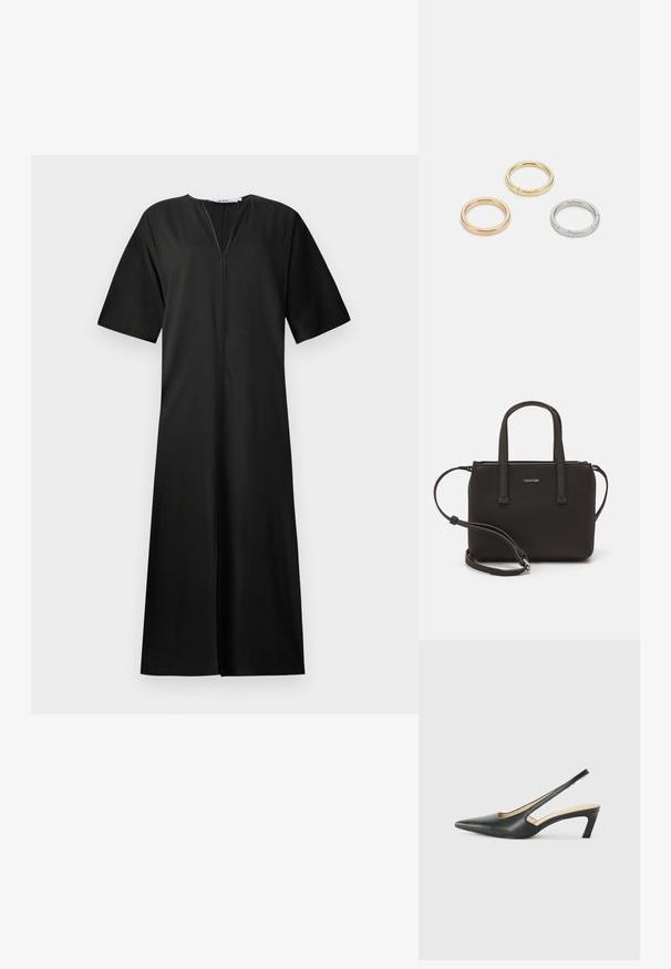 Juoda suknelė laisvo silueto, trumpomis rankovėmis, V formos iškirpte ir priekiu užsegama užtrauktuku. Pagaminta iš lygaus audinio, kelio ilgio dizainas.; Juodas smailus slingback batelis su žemu kulnu, pagamintas iš lygaus odos paviršiaus ir su išpjovomis šone, užtikrinančiomis oro pralaidumą.; Juoda rankinė su dviem trumpais rankenėlėmis ir nuimamu petį. Lygaus odos tipo medžiaga su užtrauktuku ir logotipo detale.; Trys metalinės žiedai: vienas rožinės aukso, vienas auksinis su tekstūruotais akcentais ir vienas sidabrinis, visi su įmintu ženklinimu vidinėje juostoje.