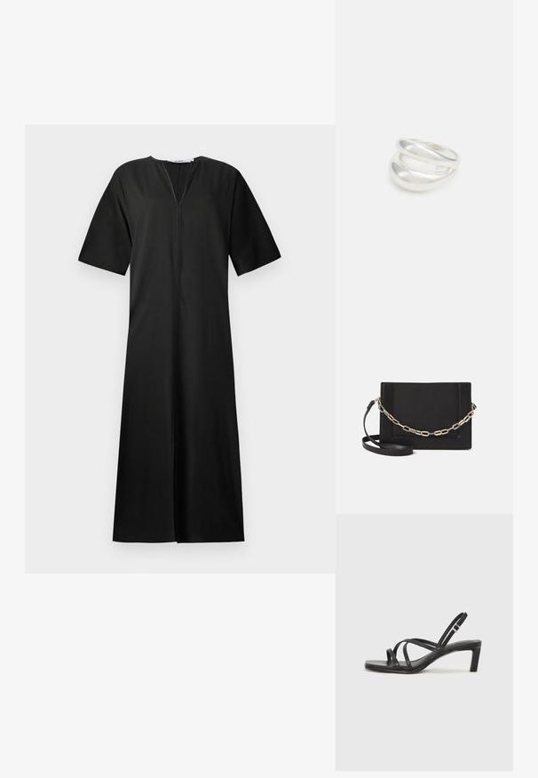 Crna haljina ležernog kroja, kratkih rukava, V-izreza i prednjeg zatvarača na patent. Izrađena od glatkog materijala s dužinom do koljena.; Crne sandale s trakama, kvadratnim prstom i niskom blok petom. Ima više tankih trakica i podesivu trakicu oko gležnja. Izrađene su od glatke kože.; Crna kožna torba preko tijela s glatkom teksturom, pravokutnim oblikom i metalnim lancem na prednjoj strani. Uključena je podesiva naramenica.; Srebrna dvostruka prsten s glatkom, poliranom površinom. Karakterizira ga fluidan, zakrivljen dizajn s preklapajućim sekcijama za moderan izgled.