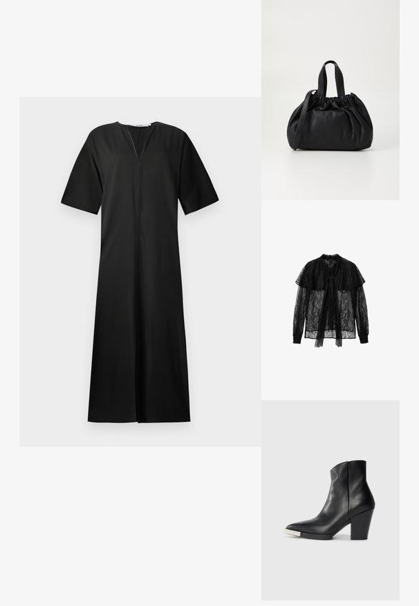 Juoda suknelė laisvo silueto, trumpomis rankovėmis, V formos iškirpte ir priekiu užsegama užtrauktuku. Pagaminta iš lygaus audinio, kelio ilgio dizainas.; Juoda nėriniuota palaidinė su priekyje suveržtų kaspinu, ilgomis rankovėmis su surinktomis rankogaliais ir sluoksniuotu apykakle, sukurianti tekstūruotą, pusiau skaidrų dizainą.; Juodas odinis kulkšninis botas su smailiu pirštu, aukštu blokuotu kulnu ir sidabriniu piršto dangteliu. Lygus paviršius ir paprastas dizainas.; Juoda odinė rankinė su susiraukšlėjusiu viršumi, su dviem trumpomis rankenėlėmis ir ilga reguliuojama juosta. Lygus paviršius, apvalios formos.