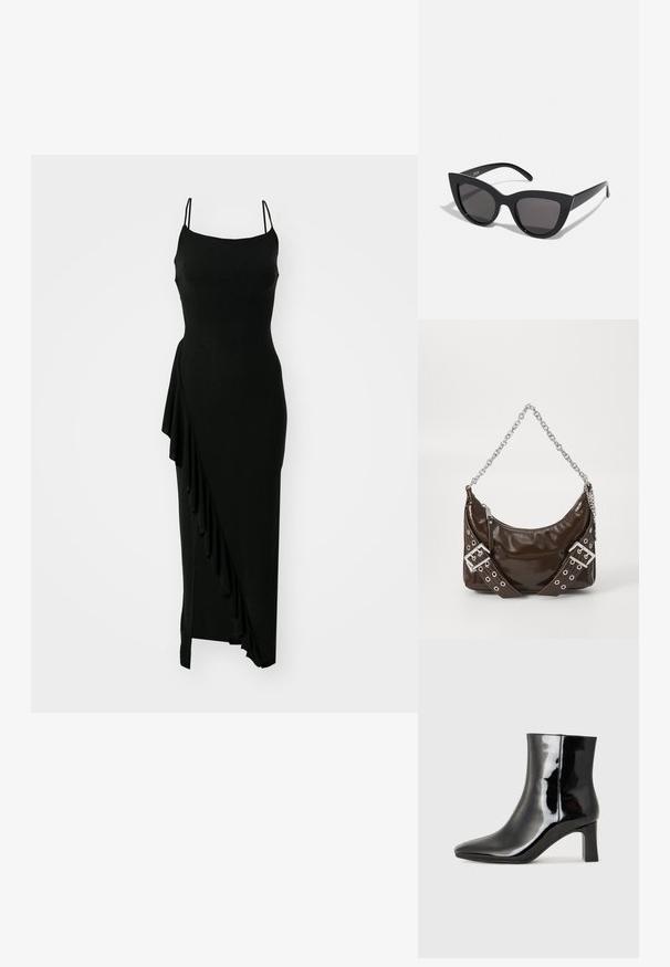 Čierne bezrukávové šaty s priliehavým telom, asymetrickým volánom na jednej strane a dlhým, hladkým siluetou. Vyrobené z elastického materiálu.; Čierne lakované členkové topánky s špicatou špičkou a stredne vysokým blokovým podpätkom. Hladká textúra a minimalistický dizajn.; Čierne slnečné okuliare v štýle mačacích očí s matným povrchom, so šedými tónovanými sklami, ostrými hranami a elegantnými bokovými ramenami. Názov značky je viditeľný na vnútornom ramene.; Tmavohnedá lakovaná kabelka so strieborným reťazovým popruhom, dekoratívnymi dvojitými sponami a zipsovým uzáverom.