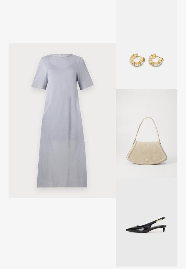 Vaaleanharmaa, lyhythihainen, keskipitkä mekko, joka on valmistettu pehmeästä kankaasta, jossa on sileä tekstuuri ja pyöreä pääntie. Mekossa on rento malli.; Mustat nahkaiset slingback-korkokengät, joissa on terävä kärki, ohuet korot ja kultasävytteinen yksityiskohta säädettävässä hihnassa. Silkkinen pinta.; Beige suède käsilaukku, jossa on pyöreän kolmion muoto, yksi hihna ja kultasävytteinen yksityiskohta edessä.; Kultaiset ympyräkorvakorut, joissa on tekstiurakuviointi ja kolme kirkasta kristallikoristetta yhdellä puolella, tarjoavat modernin geometrisen estetiikan.