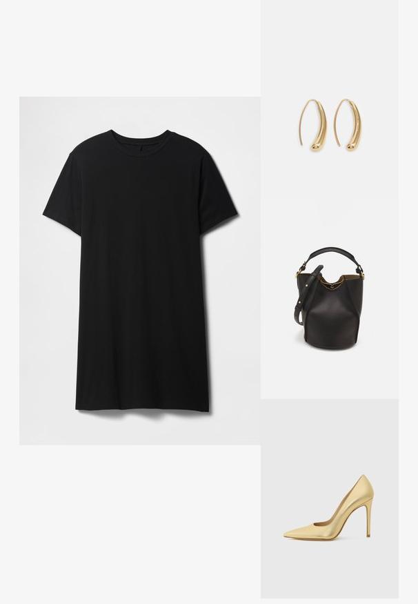 Melna īsroku kokvilnas T-krekls ar klasisku apaļu apkakli un taisnu apakšmali, ar gludu, matētu virsmu.; Zelta metāla šaurs purngalu augstpapēžu kurpes ar stikla papēdi, attēlotas no sāna uz vienkārša gaiša fona.; Melnas ādas spainīša somas ar teksturētu apdari, zelta metāla aksesuāriem un atvērtu augšu. Piedāvā īsu rokturi un regulējamu plecu siksnu.; Zelta toņu metāla gredzena auskari ar izliektu, pagarinātu formu. Ar gludu, spīdīgu virsma un noapaļotu galu papildu detaļām.