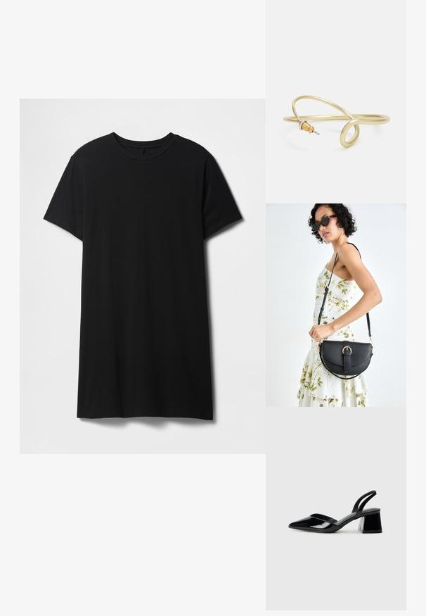 Mustast puuvillast lühikeste varrukatega T-särk, millel on klassikaline ümar kaelus ja sirge hem, sile ja matt tekstuur.; Mustad musta lakknahk kingad, millel on terav varvas ja geomeetriline plokkkonts. Omab elegantselt minimalistlikku disaini ja sujuvat tekstuuri.; Mustmust mustraha kõverate joontega, eemaldatava rihmaga ja kuldsete detailidega. Kotil on klapp, millel on pandladetail.; Kuldne metallist käevõru, millel on voolav ja kõver disain. Ühel otsal on väike, silmapaistev hõbedane aktsent.