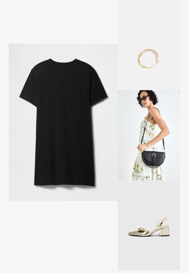 Camiseta negra de manga corta confeccionada en algodón, con un diseño clásico de cuello redondo y un dobladillo recto, con una textura suave y mate.; Tacones slingback metálicos dorados con punta afilada y tacón grueso. Textura suave, diseño minimalista y una correa estrecha.; Bolso de piel negra con forma curva, correa desmontable y herrajes dorados. El bolso cuenta con una solapa con un detalle de hebilla.; Anillo en tono dorado con un diseño orgánico y retorcido, con una textura suave y extremos cónicos, creando una apariencia moderna y escultórica.