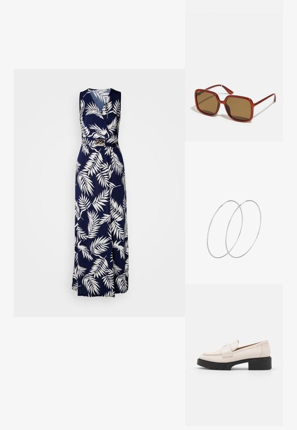 Jūras spēku maxi kleita ar baltu lapu rakstu, bez piedurknēm, ar jostu viduklī, kurai ir zelta tonis sprādze, izgatavota no viegla auduma.; Gai krēmkrāsas ādas loaferi ar šuvēm priekšpusē un teksturētu melnu platformas papēdi. Ir izliekts dizains un neliels pacēlums.; Sarkani kvadrātveida saulesbrilles ar brūnām tonētām lēcām. Biezas, spīdīgas kājas un plānas rokturi ar nelielu detaļu sānos vizuālai interesei.; Sudraba gredzenveida auskari ar minimālistisku dizainu. Cirkulāra forma, gluda tekstūra un plāns profils. Vieglu svaru ar spīdīgu apdari.