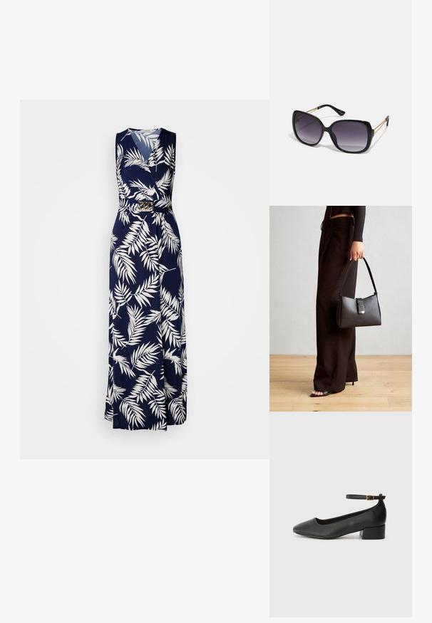 Námornícky maxi šaty s bielym vzorom listov, bezrukávový dizajn a pásik s zlatým prackou, vyrobené z ľahkého materiálu.; Čierne kožené lodičky s špicatou špičkou a nízkym blokovým podpätkom. Obsahuje remienok okolo členka so zlatým prackou. Hladký povrch.; Čierne oversized slnečné okuliare s gradientovými sklíčkami, hrubými rámami a zlatým retiazkovým detailom na stranách.; Čierna kabelka so štruktúrovaným tvarom, hladkou textúrou a kovovou sponou. V kombinácii so širokými čiernymi nohavicami a sandálmi s otvorenou špičkou na drevenej podlahe.