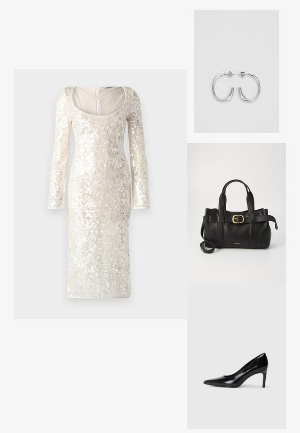 Hosszú ujjú, krém színű, flitterekkel borított ruha, lekerekített nyakkivágással és testhezálló szabással. A hátsó részén cipzáros záródással rendelkezik.; Fekete bőr magassarkú cipő, hegyes orral, sima textúrával és kúpos sarkal. Minimalista dizájn, nincsenek további díszítések.; Fekete bőr kézitáska, amely strukturált kialakítással rendelkezik, dupla felső fogantyúval, arany tónusú csattal és a márka dombornyomott logójával az elején.; Ezüst karika fülbevalók sima, fényes felülettel. Lekerekített forma, könnyű kialakítással, tűs zárómechanizmussal.