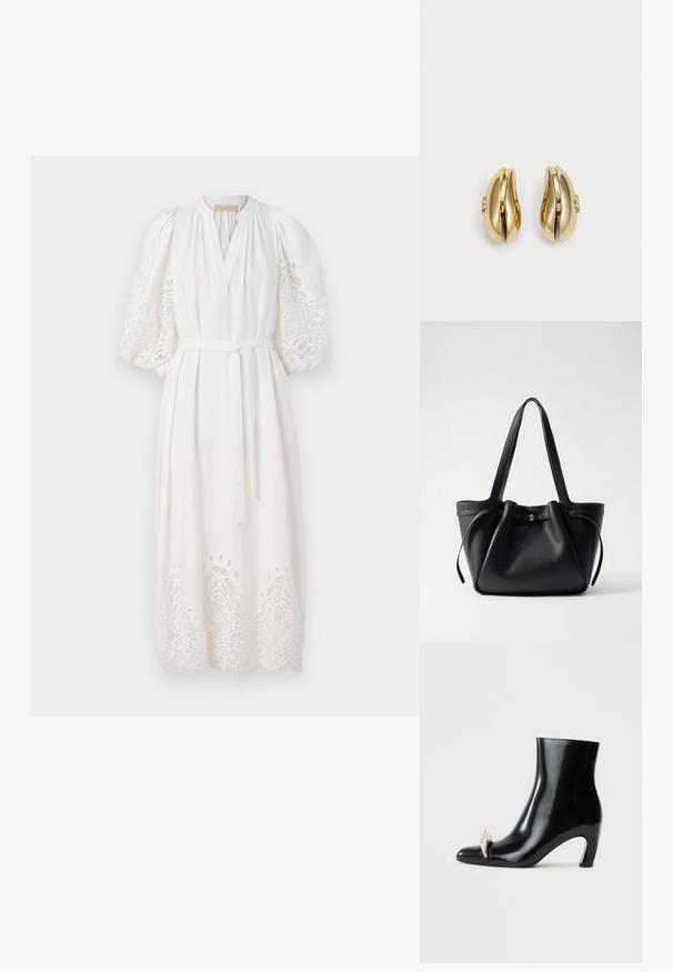 Vanessa Bruno CANESSA - Jurk - blanc; Zwarte enkelboot van glanzend leer, met een spitse neus en een decoratieve gouden en zilveren accent aan de voorkant. Ontwerp met blokhak.; Zwarte lederen tote bag met twee lange hengsels, een gathered bovenkant en een gouden ronde accent. Glad textuur met een minimalistisch ontwerp.; Gouden oorbellen met een vloeiende, gebogen vorm. Elke oorbel heeft een glad oppervlak en een kleine sluiting met een decoratief detail.