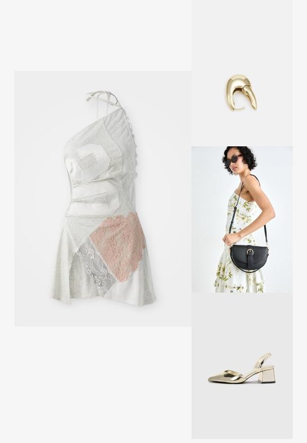 Asimetrična obleka ima sivo tkanino z patchwork oblikovanjem, vključno z belimi in svetlo rožnatimi čipkastimi akcenti ter velikim belim številom 26.; Zlati, kovinski slingback čeveljci z ostrim nosom in masivnim peto. Gladka tekstura, minimalistična zasnova in ozka zanka.; Črna usnjena torbica s ukrivljeno obliko, z odstranljivo naramnico in zlatimi dodatki. Torbica ima pokrov s podrobnostmi v obliki zaponke.; Uhane nakit iz zlatastega tona z gladko, ukrivljeno zasnovo. Ima edinstveno koničasto obliko, polirano površino in zaponko s tečajem.