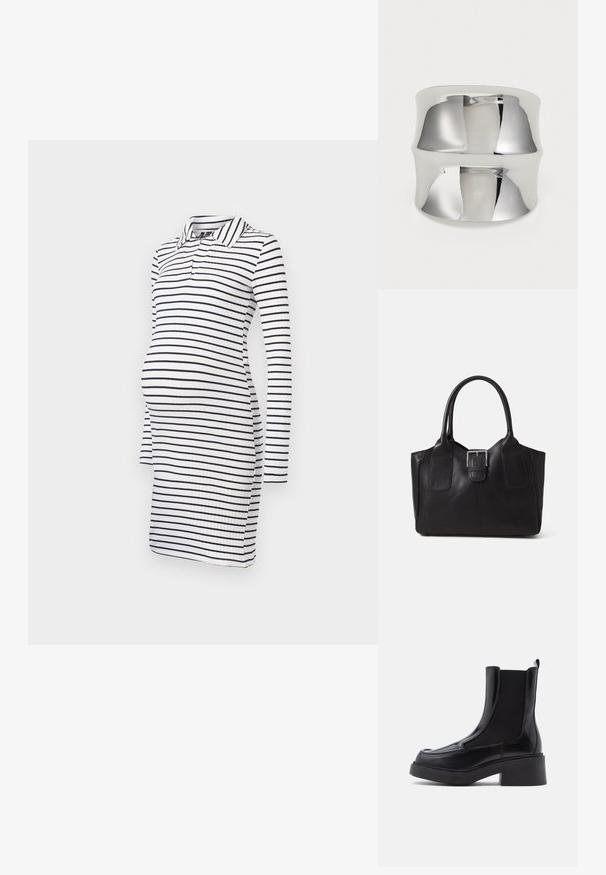 Vestido de maternidade riscado com mangas longas, apresentando um decote com gola, feito de um tecido branco com riscas horizontais em azul-marinho e uma textura canelada.; Botas Chelsea pretas com um salto robusto, apresentando um cabedal de pele brilhante e painéis laterais elásticos para um calçar fácil. Sola de borracha sólida.; Bolsa tote de couro preta com textura suave, forma estruturada, duas alças e um destaque prateado proeminente na parte da frente.; Anel de pulso em prata com uma superfície lisa e refletiva. Apresenta um design curvo e uma faixa larga, criando um aspeto moderno e minimalista.