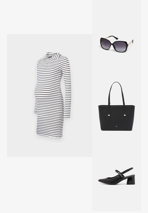 Pasujoča obleka za nosečnice s dolgimi rokavi, z ovratnikom, narejena iz belega blaga z mornarsko modrimi vodoravnimi črtami in rebrasto teksturo.; Črne patentne usnjene salonarce s slingback obliko, s koničastim nosom, zaobljenim izrezom in blok peto. Imajo zlato kovinsko zaponko kot dodatno okrasje.; Črne prevelike sončne očala z degradacijskimi lečami, debelimi okvirji in zlatimi verižicami na ročajih.; Črna torba iz sintetičnega materiala, preproste pravokotne oblike, z zlatimi kvadratnimi detajli in dvojnih ročajem.