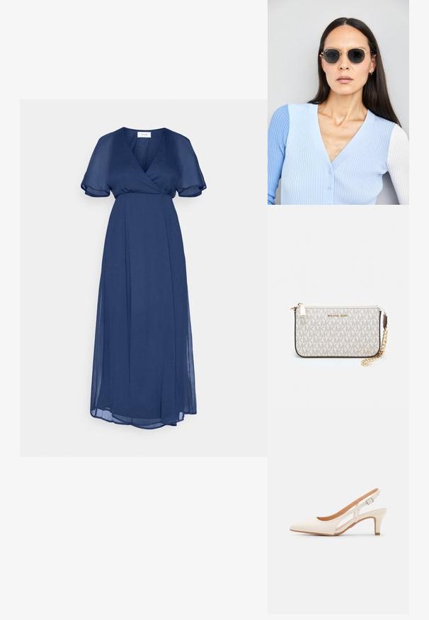 Vestido longo azul marinho com design envolvente, mangas curtas em estilo suave e uma silhueta em A fluida. Feito de um tecido leve e ligeiramente texturizado.; Sandal com salto branco, ponta afilada, material superior liso, salto bloco baixo e design com recortes laterais, com tira ajustável.; Óculos de sol redondos com lentes escuras e armação dourada. O modelo usa um cardigan canelado azul claro com botões e mangas brancas em contraste.; Pochete Michael Kors em tela revestida bege com padrão repetido do logotipo MK, ferragens douradas e uma alça de corrente destacável.