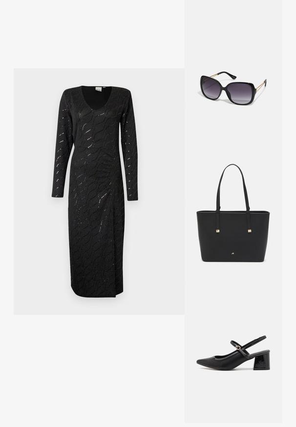 Melna kleita ar garām piedurknēm un V veida izgriezumu, ar teksturētu viļņu rakstu un smalku mirdzumu. Potītes garuma ar sānu šķēlumu, lai nodrošinātu ērtu kustību.; Melns patentēts ādas sandales ar norādīta pirksta formu, noapaļotu izgriezuma dizainu un bloķētu papēdi. Iezīmēta ar zelta toņa sprādzi.; Melni pārmērīgi lieli saulesbrilles ar gradāciju lēcām, biezām rāmja malām un zeltainas krāsas ķēžu detaļām uz tempļiem.; Melnā somiņa, kas izgatavota no sintētiska materiāla, ar vienkāršu taisnstūra formu, zelta kvadrātveida akcentiem un divām rokturiem.