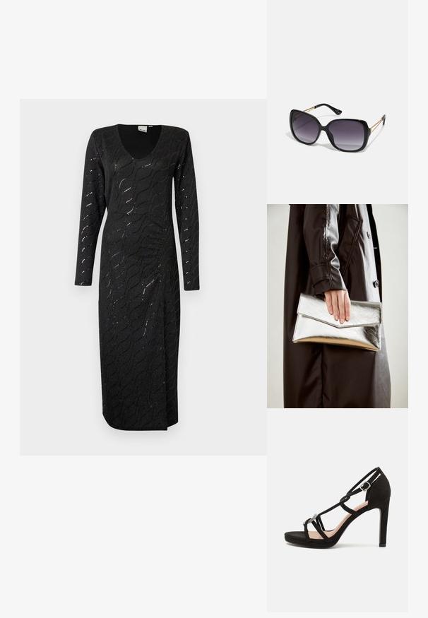 Černé dlouhé šaty s dlouhým rukávem a výstřihem do V, zdobené texturovaným vlnitým vzorem a jemným leskem. Délka po kotníky a boční rozparek pro snadný pohyb.; Černé semišové sandály na vysokém podpatku s křížovými pásky, dekorativním stříbrným akcentem a platformou pro větší výšku.; Černé oversized sluneční brýle se gradientními skly, silnými rámy a zlatými řetízkovými detaily na nožičkách.; Stříbrná metalická kabelka ve tvaru klínového obálkového designu, hladké textury a s kontrastní barvou uvnitř, držena v ruce s černým kabátem.