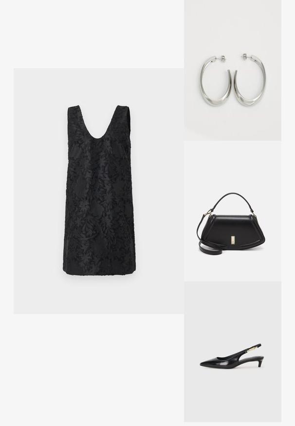 Robe noire avec un décolleté en V, sans manches et une texture à motif de feuilles intricate. Confectionnée en tissu doux et léger.; Talons hauts en cuir noir avec un bout pointu, dotés d'un talon fin et d'un accent en ton or sur la lanière réglable. Texture lisse.; Sac à main en cuir noir avec un design structuré, featuring une forme cropped, une poignée supérieure et des accents en matériel doré. Bandoulière réglable incluse.; Boucles d'oreilles en argent avec un design lisse et courbé. Présentent une finition métallique brillante et une fermeture à clou. Pas de motifs ou d'accents visibles.