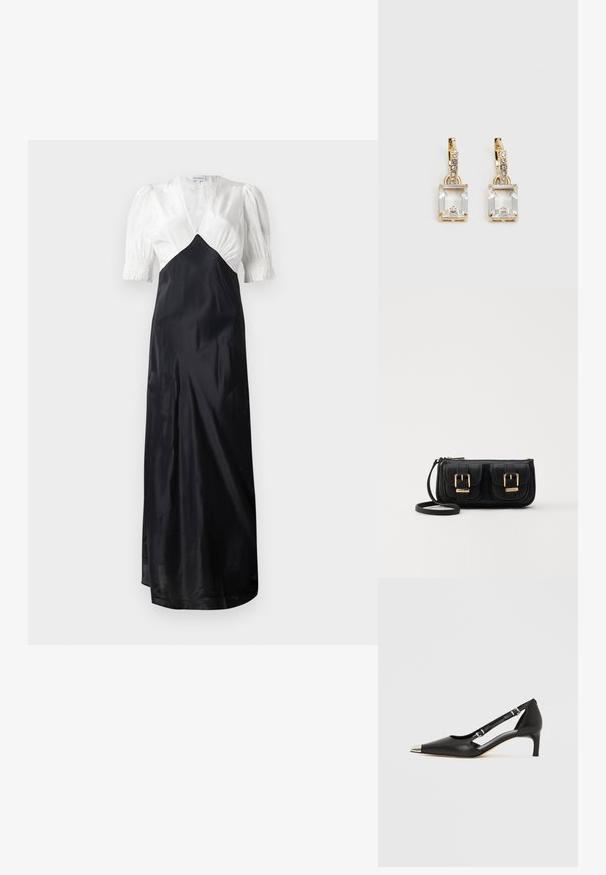 Garšs kleita ar baltu satīna augšu un melnu satīna svārku, ar pūkainām piedurknēm un dziļu V formu kakla izgriezumu. Gluda tekstūra, elegants dizains.; Melns ādas kurpju pāris ar zemu papēdi, smailu sudraba purngali un diviem sprādzēm uz balta fona.; Melnas ādas crossbody soma ar divām priekšējām kabatām, zelta sprādzēm, ar rāvējslēdzēju aizdari un šauru siksnu. Strukturēta virsma un kompakta taisnstūra forma.; Zeltītas auskaru rotas, kuru centrā ir taisnstūra formas caurspīdīgs kristāls, kas karājas zem mazu, apaļu caurspīdīgu akcentu rindas. Elegants, mūsdienīgs dizains.