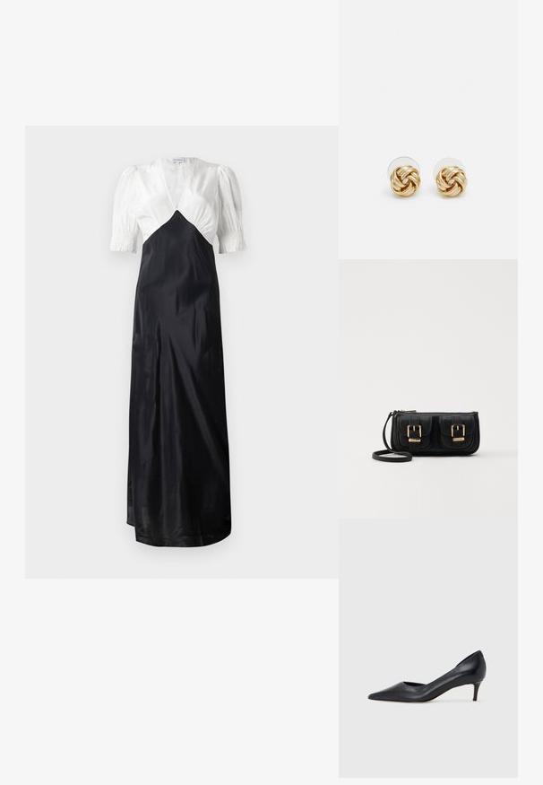 Dlouhá šaty s bílým saténovým korzetem a černou saténovou sukní, s nafouknutými rukávy a hlubokým V výstřihem. Hladká textura, elegantní design.; Černá kožená lodička s špičatou špičkou a nízkým podpatkem. Má hladkou texturu a jemný lesk. Přední část je otevřená pro zvýraznění detailu.; Černá kožená crossbody taška se dvěma předními kapsami, zlatými přezkami, zipovým uzávěrem a štíhlým popruhem. Texturovaný povrch a kompaktní obdélníkový tvar.; Náušnice ve zlatém tónu ve tvaru uzlu s propleteným designem. Každá náušnice má kulatou průhlednou oporu pro bezpečné nošení.