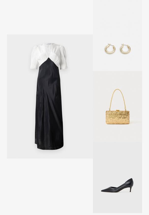 Langes Kleid mit einem weißen Satin-Oberteil und einem schwarzen Satin-Rock, mit gepufften Ärmeln und einem tiefen V-Ausschnitt. Glatte Textur, elegantes Design.; Schwarzer Pumps aus Leder mit spitzer Zehenpartie und niedrigem Absatz. Verfügt über eine glatte Textur und dezenten Glanz. Vordere Öffnung für ein zusätzliches Detail.; Goldene Pailletten-Clutch mit rechteckiger Form, ausgestattet mit einem gedrehten Kettenhenkel und einem Metallverschluss, der das Licht mit einer strukturierten Oberfläche reflektiert.; Lauren Ralph Lauren BASIC SMALL HOOP - Ohrringe - gold-coloured