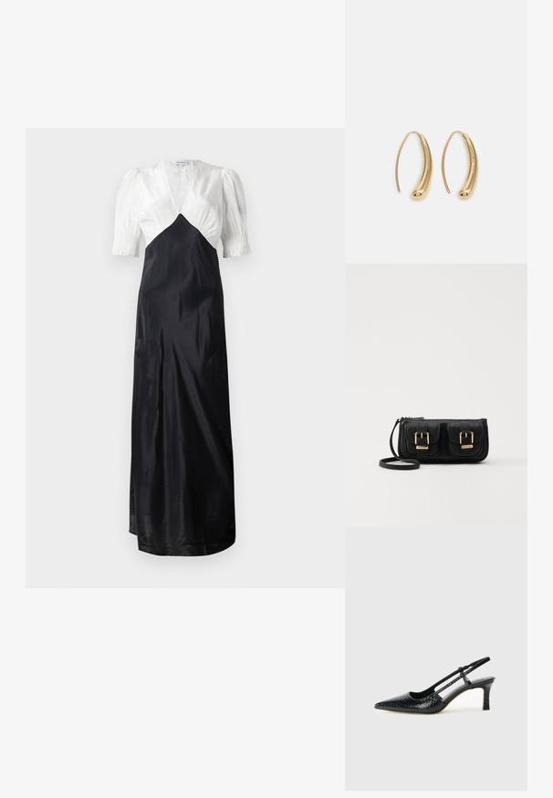 Dlouhá šaty s bílým saténovým korzetem a černou saténovou sukní, s nafouknutými rukávy a hlubokým V výstřihem. Hladká textura, elegantní design.; Černé lakované slingback podpatky s špičatou špičkou, zdobené texturovaným hadím vzorem, nastavovacím páskem a krátkým texturovaným blokovým podpatkem.; Černá kožená crossbody taška se dvěma předními kapsami, zlatými přezkami, zipovým uzávěrem a štíhlým popruhem. Texturovaný povrch a kompaktní obdélníkový tvar.; Náušnice ve tvaru kruhu z pozlaceného kovu s vroubkovaným, prodlouženým tvarem. Mají hladký, lesklý povrch a zaoblený konec pro zvýraznění detailu.