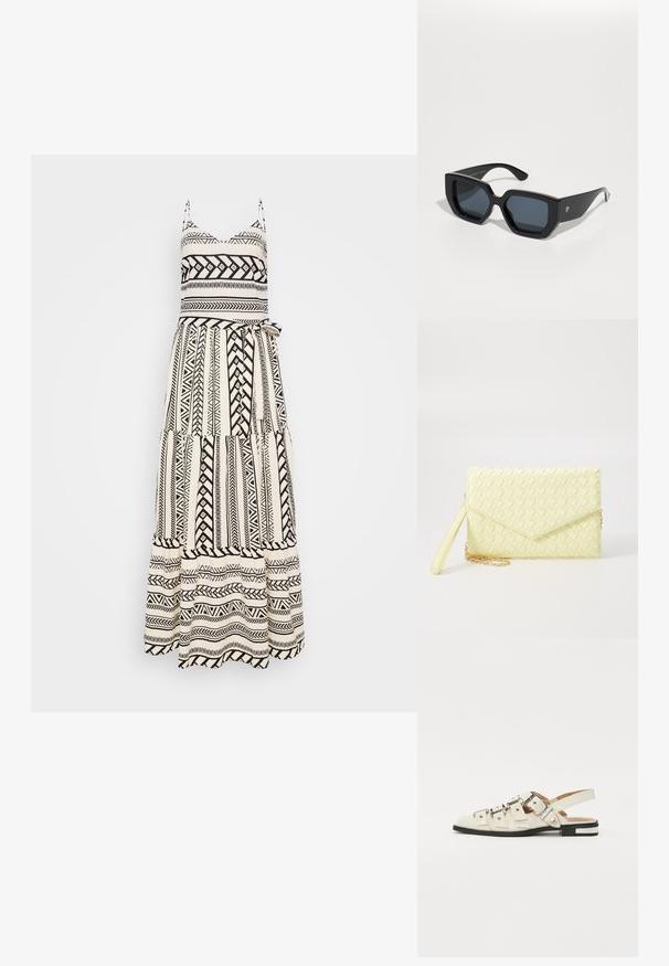 Maksik haljina u crnoj i bijeloj boji s geometrijskim uzorcima, podesivim naramenicama, pripijenim korzetom i lepršavom tiered suknjom s vezicom.; Sandalice sa zatvaračem u bijeloj koži s višestrukim širokim trakama i srebrnim kopčama; ravni potplat s malim crnim potpeticama i metalnim akcentima.; Crne prevelike sunčane naočale s geometrijskim dizajnom, pravokutnim lećama i sjajnom završnom obradom. Nema vidljivog brendiranja sprijeda.; Žuta pletena novčanica s preklopnim dizajnom, odvojivim remenom za zapešće i zlatnim lancem kao ukrasom. Glatka tekstura i pravokutni oblik.