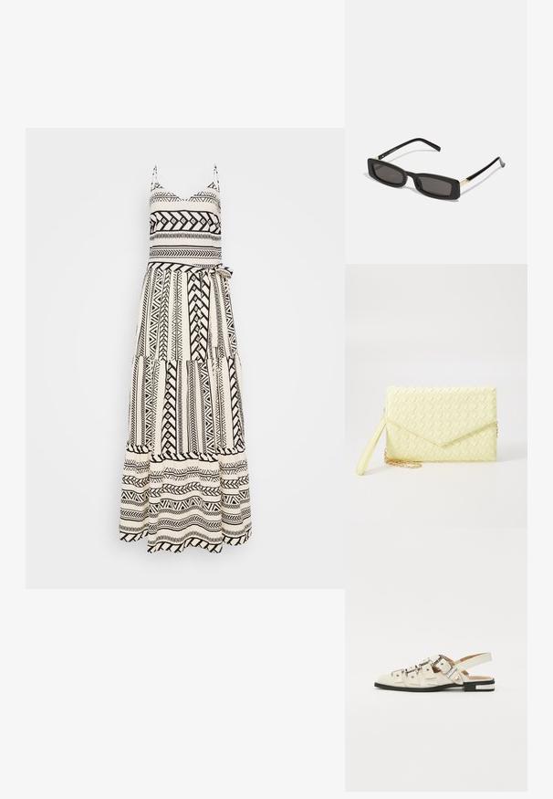 Maksi obleka v črno-beli barvi z geometrijskimi vzorci, nastavljive naramnice, prilegajoč trup in tekoča večstopenjska krila z zavojem.; Sandal v slogu z odprtim peto v beli usnjeni obvali z več širokimi trakovi in srebrnimi zaponkami; ravni podplat z majhno črno peto in kovinskimi detajli.; Črne pravokotne sončne očala s temnimi lečami, sijajnim plastičnim okvirjem in zlatimi poudarki na ušesnih delu. Minimalistična zasnova in eleganten oblik.; Rumena pletena torbica za ključe z zapiralom, odstranljivim zapestnim trakom in zlatim verižnim poudarkom. Gladka tekstura in pravokotna oblika.; Zlate uhane v obliki obročkov z gladko, sijočo površino. Krožna zasnova s majhnim nosilcem in prozornim podplatom za varno nošenje.