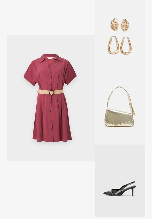 Burgundi värvi pluusikleidi lühikesed varrukad, nööbid ees ja voldid. Kaasa tuleb beež paelaga vöö ümarate pandlatega. Sile ja kerge kangas.; Must musta nahk kingad sanga ja terava ninaga, ankle strapidega, millel on hõbedased pandlad ja riistvara ning õhuke konts.; Kuldmetallist käekott, millel on struktureeritud disain, sile tekstuur ja reguleeritav rihm. Omab ainulaadset kolmnurkset kuju ja minimalistlikku õmblust.; Kuldse värvi kõrvarõngad, mis on kaunistatud tekstuursete ja laineliste kujunditega. Komplektis on skulpturaalsed klamber kõrvarõngad ja avatud rõngasdisain, millel on lõhestatud viimistlus.