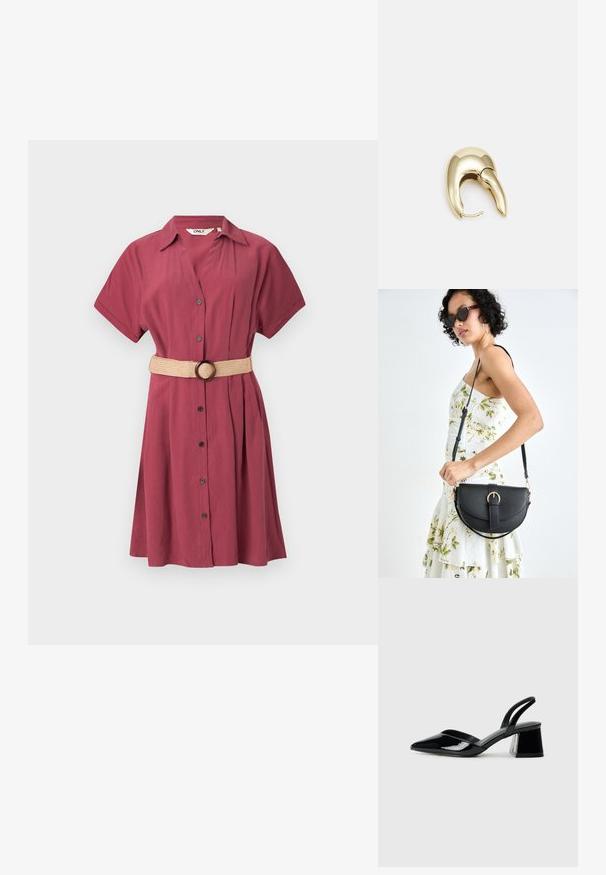 Bordo haljina na dugmadi s kratkim rukavima i plisiranim detaljima. Uključuje bež pleteni pojas s okruglom kopčom. Glatka, lagana tkanina.; Crne lakirane kožne sandale s otvorenom petom i špicastim vrhom, s geometrijskom blok petom. Imaju elegantan, minimalistički dizajn i glatku teksturu.; Crna kožna torba s lukovitim oblikom, odvojivim remenom i zlatnim detaljima. Torba ima preklop s kopčom.; Zlatne metalne naušnice s elegantnim, zakrivljenim dizajnom. Imaju karakterističan šiljast oblik, poliranu površinu i zatvaranje na šarku.
