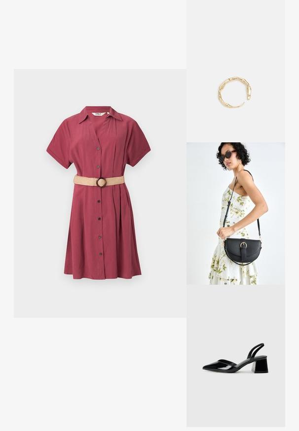 Maroon t-paita mekko lyhyillä hihoilla, nappi edessä ja poimutuksia. Mukana beigellä kudottu vyö, jossa on pyöreä solki. Sileä, kevyt kangas.; Mustat patentoitu nahkakengät, joissa on säären takaosa ja terävä kärki, sekä geometrinen palikkakorko. Sisältää tyylikkään, minimalistisen muotoilun ja sileän pinnan.; Musta nahkainen käsilaukku, joka on kaareva muotoilultaan, irrotettavalla hihnalla ja kultaisilla yksityiskohdilla. Laukussa on läppä, jossa on solk yksityiskohta.; Kultaketju, jossa on orgaaninen, kierretty muotoilu, sileä pinta ja cappatut päät, luoden modernin, veistoksellisen ilmeen.