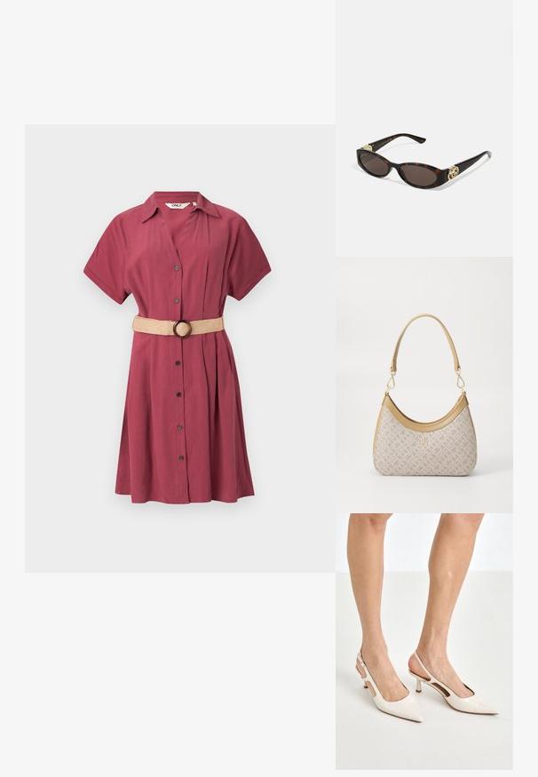 Bordeauxfarbenes Hemdkleid mit kurzen Ärmeln, Knopfleiste und Fältchen. Inkl. einem beigen gewebten Gürtel mit runder Schnalle. Glattes, leichtes Material.; Beige Lackleder Slingback-Absätze mit spitzem Fuß und 5 cm Absatz, mit ausgeschnittenen Seiten und einem schmalen Knöchelriemen.; Schildpatt-Sonnenbrille mit länglich-ovalen Gläsern, braunem Farbton, goldenen Logo-Akzenten an den Bügeln und schlanken schwarzen Bügeln.; Beige gemusterte Handtasche mit geschwungener Form, Lederakzenten und einem goldfarbenen Logo auf der Vorderseite. Verfügt über einen kurzen Griff für einfaches Tragen.