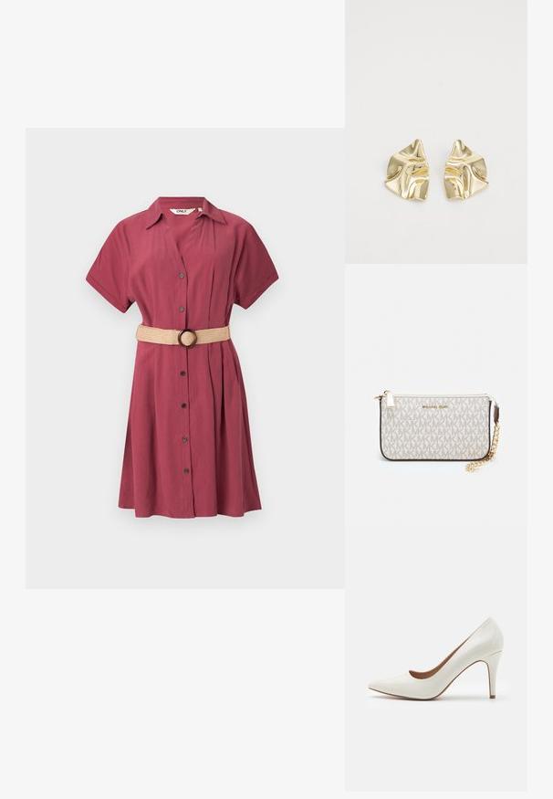 Burgundi värvi pluusikleidi lühikesed varrukad, nööbid ees ja voldid. Kaasa tuleb beež paelaga vöö ümarate pandlatega. Sile ja kerge kangas.; Valge patendi nahk kõrge kontsaga king, millel on terav nina ja sile pind, peenike konts ning madal lõige ava ümber.; Michael Korsi randmevõru beige kaetud kangast, millel on korduv MK logo muster, kuldne riistvara ja eemaldatav ahelistrap.; Kuldsetest metallist kõrvarõngad lainelise disainiga; sile, peegeldav pind; asümmeetriline kuju; nähtavad mustrid või kinnitused puuduvad.