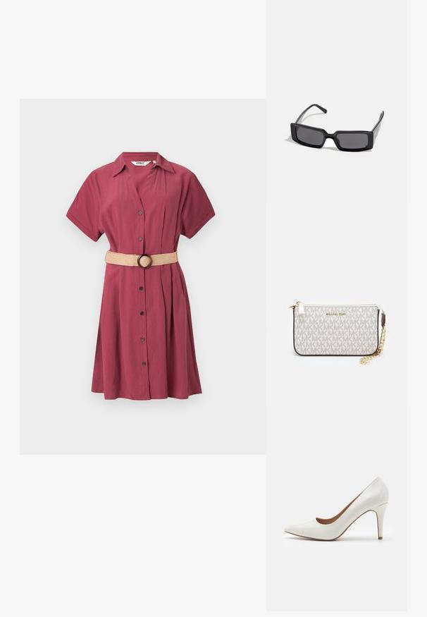 Bordo obleka s kratkimi rokavi, z gumbi spredaj in naborki. Vključuje bež tkan pas z okroglo zaponko. Gladek, lahek material.; Bela lakirana usnjena čevlja z visoko peto in ostrim nosom ter gladko površino, ki ima vitko peto in nizek izrez okoli odprtine.; Črne sončne očala s pravokotnim okvirjem, temnimi lečami in gladko sijajno površino. Imajo tanke temple z diskretnim oznako na strani.; Michael Kors denarnica v bež lakiranem platnu z mišičnim vzorcem ponavljajočega se logotipa MK, z zlatim okovjem in snemljivo verižico.; Zlati kovinski uhani z valovito zasnovo; gladka, odsevna površina; asimetrična oblika; brez vidnih vzorcev ali kovinskih delov.