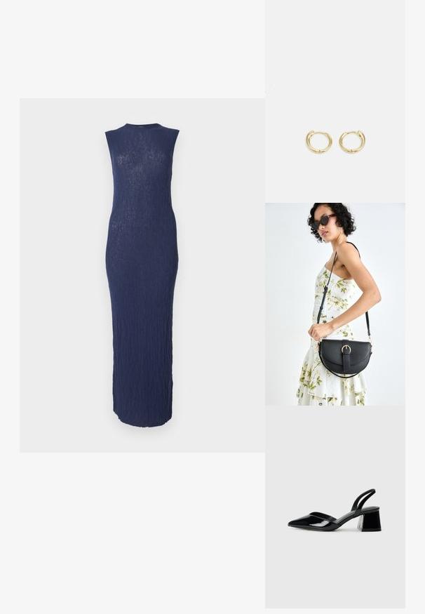 Laivansininen, hihaton midi-mekko, jossa on teksturoitu, ribbikangas. Fitted-silhuetti, jossa on pyöreä pääntie ja nilkkapituisuus.; Mustat patentoitu nahkakengät, joissa on säären takaosa ja terävä kärki, sekä geometrinen palikkakorko. Sisältää tyylikkään, minimalistisen muotoilun ja sileän pinnan.; Musta nahkainen käsilaukku, joka on kaareva muotoilultaan, irrotettavalla hihnalla ja kultaisilla yksityiskohdilla. Laukussa on läppä, jossa on solk yksityiskohta.; Kultaketjuveljet, joissa on sileä ja pyöristetty muotoilu. Varustettu pienellä saranalukolla, kevyen näköinen ja kiiltävä pinta.