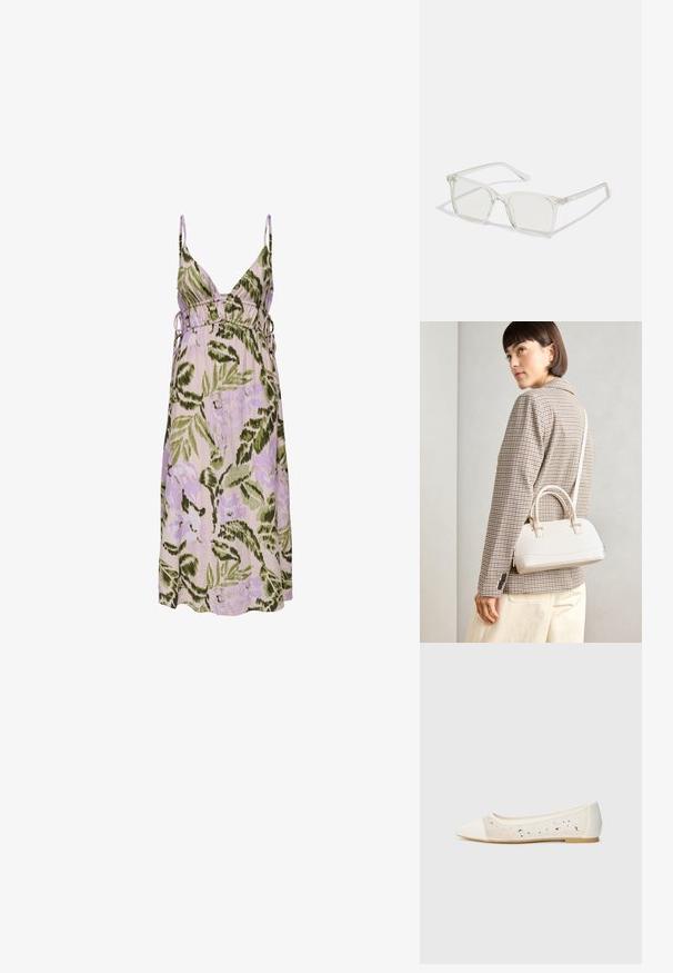 Ziedu kleita gaiši violetā krāsā ar zaļiem lapu rakstiem, ar dziļu V veida kakla izgriezumu, regulējamām sānu saitēm un mīkstu audumu.; Krēmsādas apavi ar pointēto pirkstu un caurspīdīgu augšdaļu, apkaisa ar izkaisītiem rhinestones. Mīksta zole ērta valkāšanai, minimālisma dizains.; Caursplūstošas kvadrātveida brillēs ar caurspīdīgiem lēcām, ar zelta akcentiem uz tempļiem, lai pievienotu detaļas.; Balta strukturēta roku soma ar īsām rokturiem un plecu siksnu, ar zelta aparatūras akcentiem un strukturētu materiālu, izstādīta uz pelēka fona.