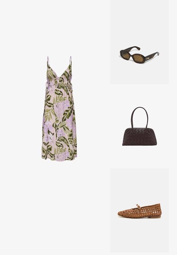Floral dress in light purple with green leaf patterns, featuring a deep V-neck, adjustable side ties, and soft fabric.; Woven brown flat shoe with a pointed toe and cut-out design. Features a small buckle strap and a low wooden heel.; Tortoiseshell sunglasses with oval frames, brown tinted lenses, and "Chloé" branding on the arm. Smooth plastic material with glossy finish.; Woven brown leather handbag with rounded shape, dual top handles, and smooth texture; features subtle stitching for design detail.
