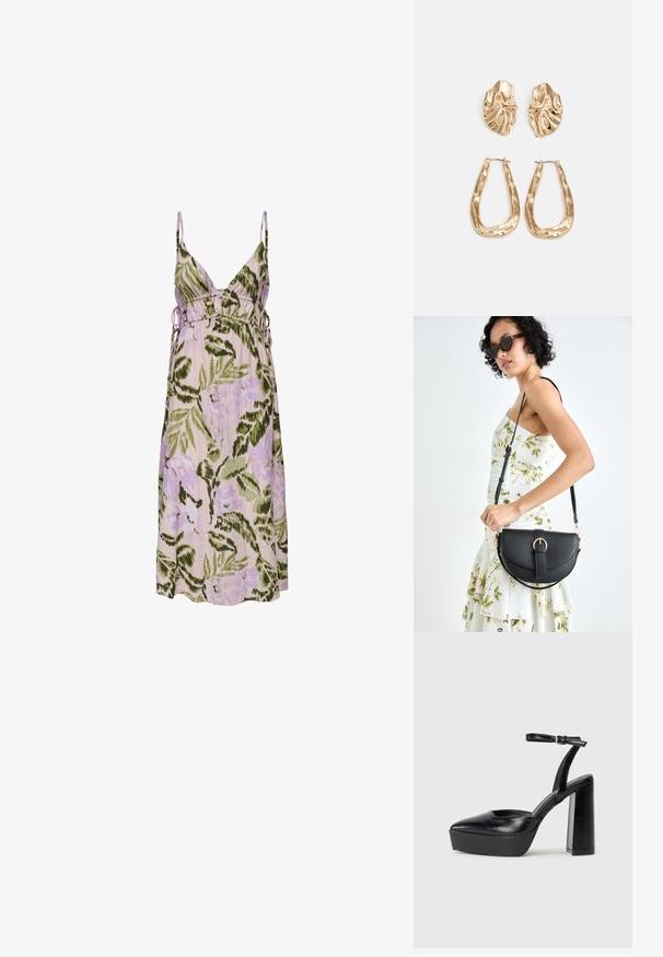 Kvetinové šaty v svetlo purpurovej farbe s zelenými listovými vzormi, s hlbokým V-členkom, nastaviteľnými bočnými viazaniami a mäkkou látkou.; Čierne platformové podpätky so špicatou špičkou a nastaviteľným členkovým remienkom. Vyrobené z hladkej kože a so robustným blokovým podpätkom.; Čierna kožená kabelka s zaobleným tvarom, odnímateľným popruhom a zlatými doplnkami. Kabelka má klopu s detailom s prackou.; Náušnice v zlatej farbe s textúrovanými, vlnitými tvarmi. Obsahujú sochárske klipsové náušnice a otvorený tvar krúžku s kladivkovým povrchom.