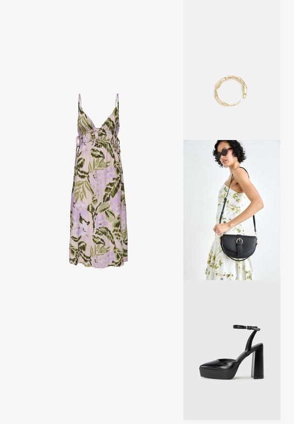 Cvjetna haljina u svijetlo ljubičastoj boji s uzorkom zelenog lišća, sa dubokim V-izrezom, prilagodljivim bočnim vezicama i mekim materijalom.; Crne platforme s potpeticom s oštrim vrhom i podešivom naramenicom. Izrađene od glatke kože, s masivnom blok petom.; Crna kožna torba s lukovitim oblikom, odvojivim remenom i zlatnim detaljima. Torba ima preklop s kopčom.; Prsten u zlatnoj nijansi s organskim, uvijenim dizajnom, glatkom teksturom i suženim krajevima, koji stvara moderan, skulpturalni izgled.