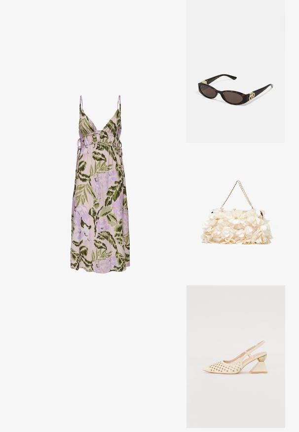 Ziedu kleita gaiši violetā krāsā ar zaļiem lapu rakstiem, ar dziļu V veida kakla izgriezumu, regulējamām sānu saitēm un mīkstu audumu.; Beige siksnīšu kurpes ar perforētu augšējo daļu, smailu purngalu un kontrastējošu trīsstūra papēdi, kas rotāta ar zeltu. Kopumā gluda tekstūra.; Tīģerbrūnā sauļošanās brillēm ar izstieptām ovālām lēcām, brūnu tonējumu, zeltītiem logotipa akcentiem uz tempļiem un plānām melnām kājām.; Balta ziedu somiņa ar savelktu auduma virsmu, zeltīta toņa ķēdes siksna un metāla sprādze. Iekļautas teksturētas ziedlapiņas papildus detaļām.