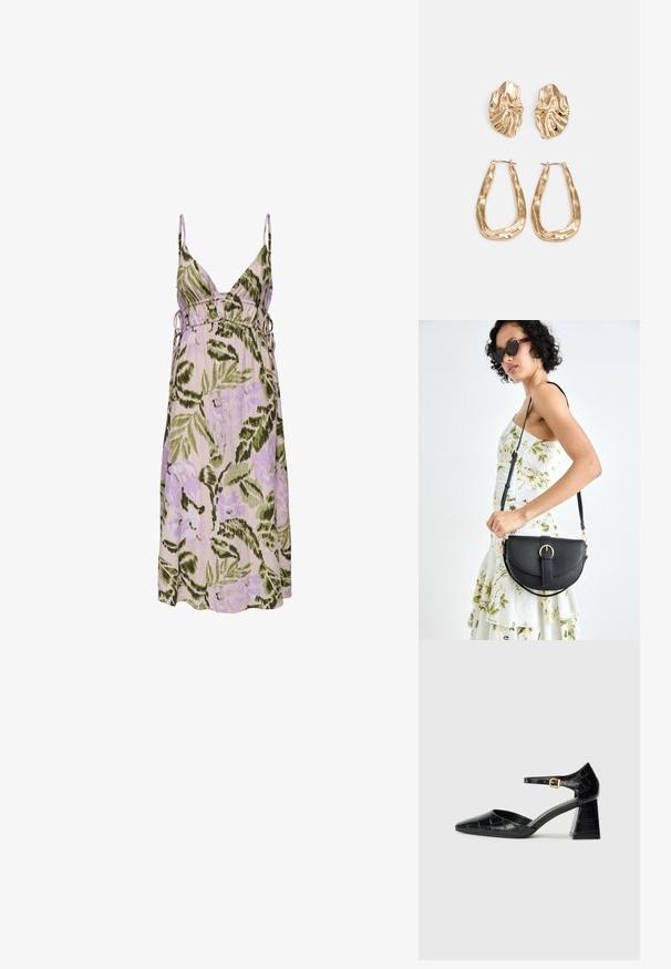 Ziedu kleita gaiši violetā krāsā ar zaļiem lapu rakstiem, ar dziļu V veida kakla izgriezumu, regulējamām sānu saitēm un mīkstu audumu.; Melnas patentētas ādas augstpapēžu kurpes ar norādītu pirkstu, potītes siksnu un teksturētu krokodila rakstu. Kvadrātveida bloka papēža dizains.; Melnas ādas rokassoma ar izliekta formu, noņemamu siksnu un zelta aksesuāriem. Somai ir vāciņš ar sprādzes detaļu.; Zelta krāsas auskari ar teksturētām, viļņotām formām. Iekļauts skulpturāls piespraužams modelis un atvērta gredzenveida konstrukcija ar izsistām virsmām.