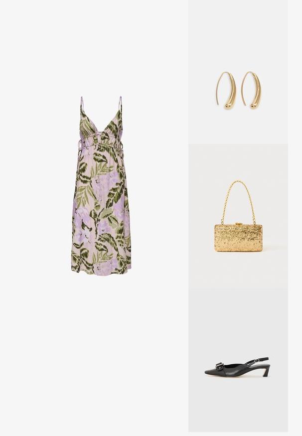Rochie florală în violet deschis cu modele de frunze verzi, având un decolteu adânc în V, legături laterale ajustabile și țesătură moale.; Pantofii negri din piele cu toc mic, vârf ascuțit și detaliu decorativ cu cataramă pe partea superioară. Textură netedă, design minimal.; Clutch din paiete aurii, cu o formă rectangulară, având un mâner din lanț croit și o închidere cu clapetă metalică, reflectând lumina cu un finisaj texturat.; Cercei din metal auriu, cu un design curbat și alungit. Au o suprafață netedă și strălucitoare, cu un vârf rotunjit pentru un detaliu suplimentar.