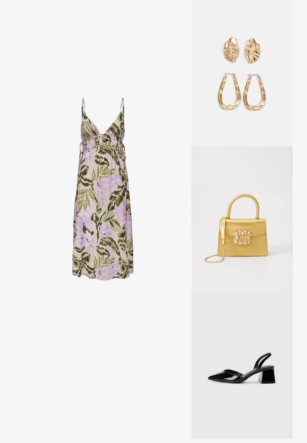 Floral dress in light purple with green leaf patterns, featuring a deep V-neck, adjustable side ties, and soft fabric.; Black patent leather slingback heels with a pointed toe and a geometric block heel. Features a sleek, minimal design and smooth texture.; Yellow faux-crocodile handbag with a structured design, top handle, detachable chain strap, and decorative crystal embellishment on the clasp.; Gold-tone earrings featuring textured, wavy shapes. Includes sculptural clip-on studs and open hoop design with a hammered finish.