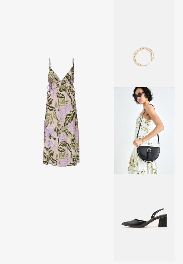 Kergelt lilla lilleline kleit, millel on rohelised lehemustrid, sügava V-kaelusega, reguleeritavad külgtõmblused ja pehme kangas.; Musthave musta teravikutega slingback king, valmistatud siledast nahast, madala plokk-kandiga ja peene rihmaga taga, mis tagab kindla sobivuse.; Mustmust mustraha kõverate joontega, eemaldatava rihmaga ja kuldsete detailidega. Kotil on klapp, millel on pandladetail.; Kuldtoonis sõrmus, millel on orgaaniline, keerdunud disain sileda tekstuuri ja kitsenevate otstega, luues kaasaegse skulptuurilise välimuse.