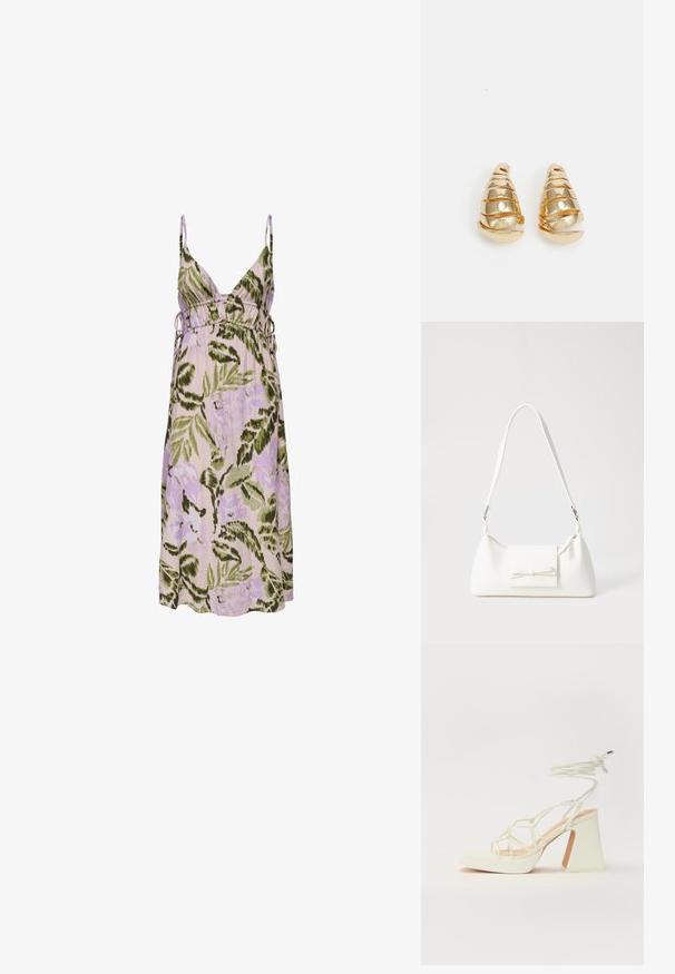 Floral dress in light purple with green leaf patterns, featuring a deep V-neck, adjustable side ties, and soft fabric.; White high-heeled sandal with a chunky heel, featuring a strappy design and ankle tie. Smooth texture with a platform front for added height.; White synthetic handbag with a triangular shape, flat front flap and bow detail, adjustable strap, smooth texture, and minimalistic design.; Gold-toned earrings shaped like elongated cones with spiral detailing. Smooth surface with reflective finish, featuring curved accents.