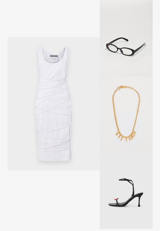 Valkoinen ilman hihoja oleva mekko, jossa on pyöreä pääntie, erottuu ainutlaatuisella kierrettyjen kangasaksenttien ja sivureikien suunnitelmalla, joka tuo lisää yksityiskohtia.; Mustat korkokengät sandaalit, joissa on ohut nilkkaremmi ja punainen yksityiskohta varpaassa. Elegantti muotoilu ja kiiltävä pinta stiletto-korkealla.; Pitkänomainen musta silmälasikehys, jossa on kirkkaat linssit. Kehyksissä on sileä pinta ja leveät templet. Linsseissä on hillitty violetti sävy. Logo sivussa.; Kulta ketju kaulaketju, jossa on riipus, jonka kirjaimet muodostavat sanan "MOSCATO". Suora pinta ja lukko, jossa on rapu-tyyppinen kiinnitys sekä vaihteleva kokoisia lenkkejä.