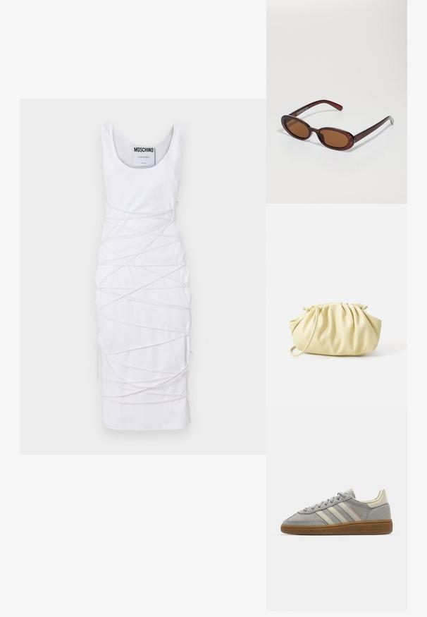 Weißes ärmelloses Kleid mit Rundhalsausschnitt, das ein einzigartiges Design aus verdrehten Stoffakzenten und seitlichen Schlitzdetails bietet.; Graue Wildledersneaker mit hellgrauen Lederstreifen und einer Sohle aus Gummi. Zu den Merkmalen gehören eine Schnürung und dezente Markenkennzeichnung auf der Zunge.; Runde, braun getönte Sonnenbrillen mit einem glänzenden burgunderfarbenen Rahmen. Schlanke Bügel mit dezentem Branding. Flaches Linsendesign.; Gelbe, gefaltete Handtasche aus glattem Kunstleder mit weicher Form, einzigem Schulterriemen und gerafftem Oberteil.