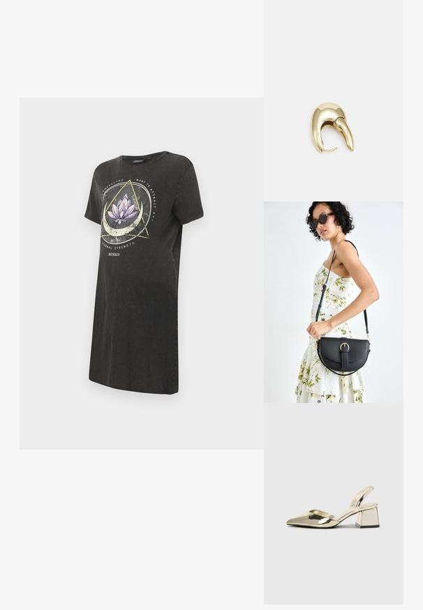 Musta t-paitamekko, jossa on lilialaista kukka graphic violetilla ja valkoisella, sekä geometrisia kuvioita ja tekstiä etupuolella. Lyhyet hihat, pyöreä pääntie.; Kultaiset, metalliset slingback-kengät, joissa on teräväkärkiset ja paksut korot. Sileä pinta, minimalistinen muotoilu ja kapea hihna.; Musta nahkainen käsilaukku, joka on kaareva muotoilultaan, irrotettavalla hihnalla ja kultaisilla yksityiskohdilla. Laukussa on läppä, jossa on solk yksityiskohta.; Kultahipuinen korvakoru, jossa on sulavalinjainen, kaareva muotoilu. Ominaisuuksiin kuuluu erottuva terävä muoto, kiillotettu pinta ja sarana kiinnitys.