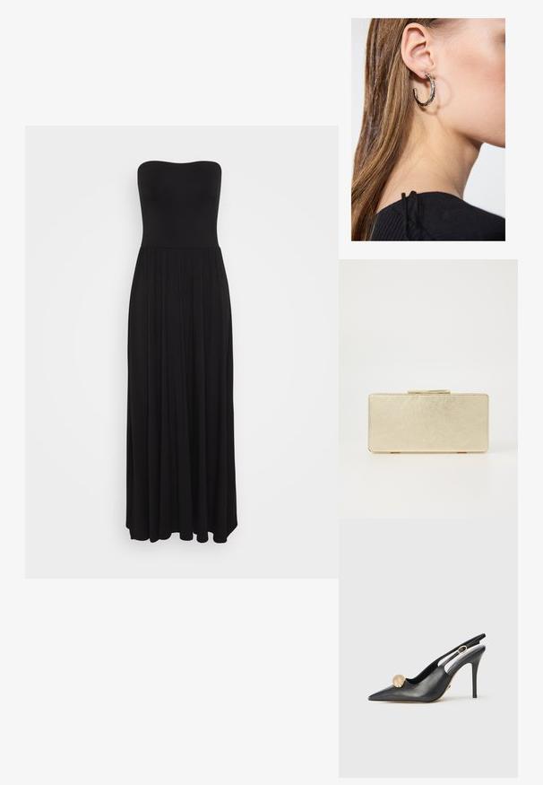 Czarna maxi sukienka bez ramiączek z rozciągliwego materiału, z dopasowaną górą i zwiewnym dołem z plisowanymi detalami, które dodają objętości.; Czarne skórzane czółenka na odkrytej pięcie z ostrym noskiem, ozdobione złotą kulką i smukłym obcasem. Posiadają wycięcia wokół kostki.; Złota torebka kopertówka o gładkim metalicznym wykończeniu, prostokątnym kształcie i prostym zapięciu na zamek. Brak widocznych wzorów lub dekoracji.; Srebrny kolczyk w kształcie koła z polerowanym wykończeniem, z małymi złotymi akcentami, noszony na płatku ucha.