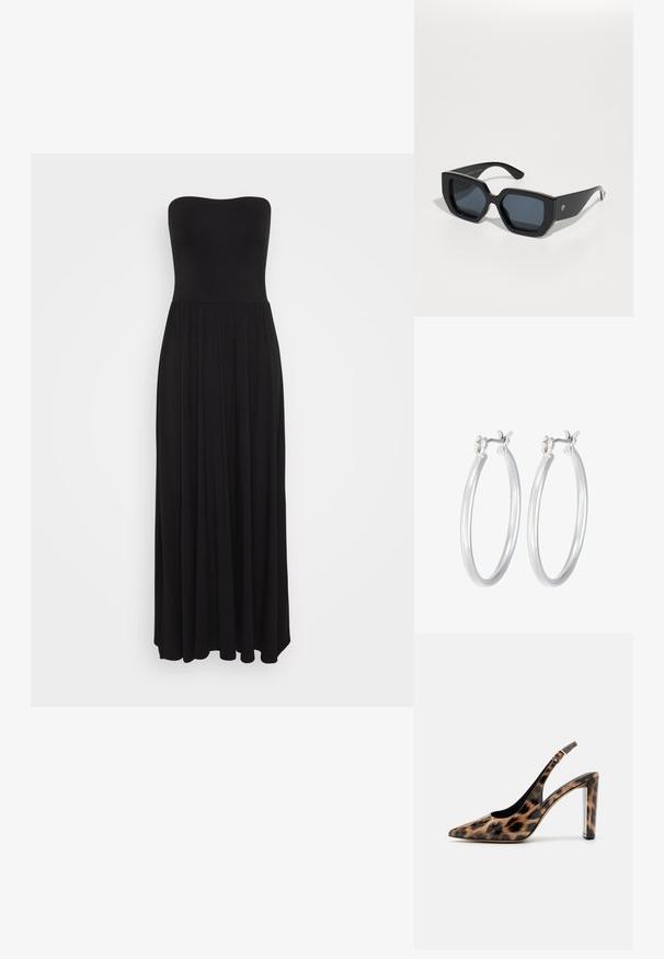 Čierne maxi šaty bez ramienok vyrobené z elastického materiálu, s priliehavou trupovou časťou a splývavou sukňou s plisovanými detailmi pre zvýšenie objemu.; Lodičky so slingback v leopardom vzore s ostrou špičkou a priehľadným blokovým podpätkom. Vyrobené z lesklého materiálu s hladkou textúrou.; Čierne nadrozmerné slnečné okuliare s geometrickým vzorom, obdĺžnikové šošovky a lesklý povrch. Na prednej strane nie sú viditeľné žiadne značky.; Strieborné kruhové náušnice s hladkým, lesklým povrchom. Kolový tvar a bezpečné klikanie na uzatváranie. Ľahký dizajn vhodný na každodenné nosenie.